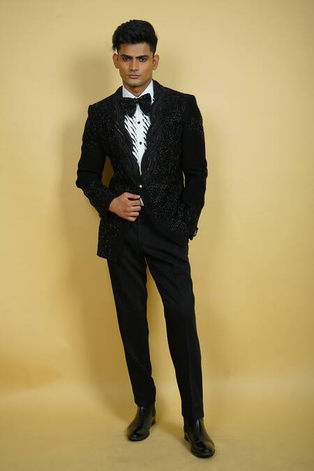 Zardozi Zari_Black Cotton Beads, Zari Honeycomb Pattern Embroidered Tuxedo Set _Online_at_Aza_Fashions