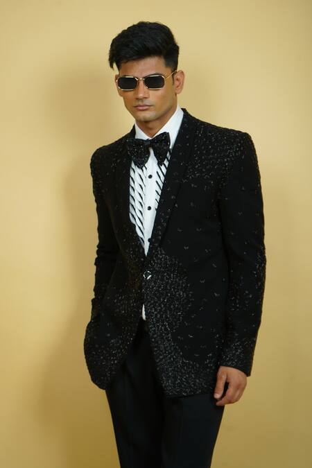 Buy_Zardozi Zari_Black Jacquard, Silk Beads, Zari Scattering Leaf Pattern Embroidered Tuxedo Set _Online_at_Aza_Fashions