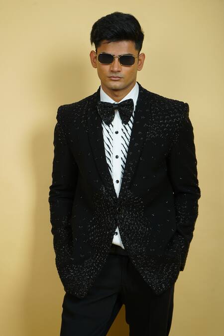 Shop_Zardozi Zari_Black Jacquard, Silk Beads, Zari Scattering Leaf Pattern Embroidered Tuxedo Set _Online_at_Aza_Fashions