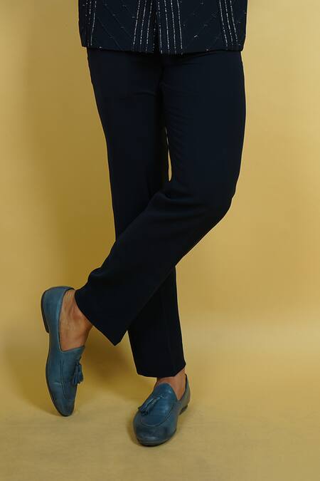 Zardozi Zari_Blue Cotton Zari, Beads Checks Pattern Embroidered Tuxedo Set _Online_at_Aza_Fashions