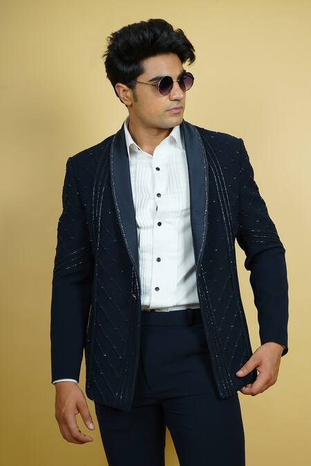 Buy_Zardozi Zari_Blue Cotton Zari, Beads Checks Pattern Embroidered Tuxedo Set _Online_at_Aza_Fashions