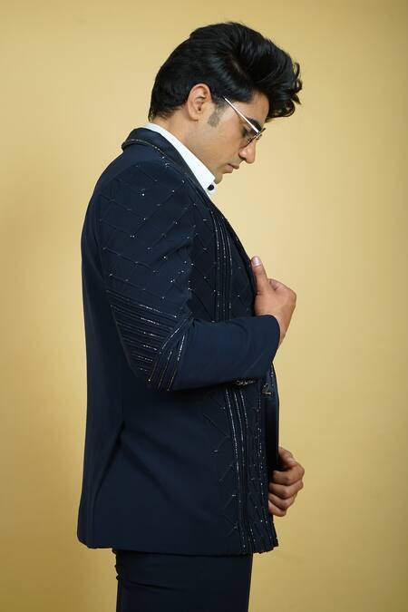 Zardozi Zari_Blue Cotton Zari, Beads Checks Pattern Embroidered Tuxedo Set _at_Aza_Fashions