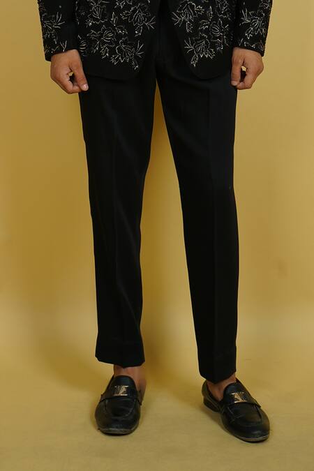 Zardozi Zari_Black Cotton Beads, Embroidery Rose Motif Tuxedo Set _Online_at_Aza_Fashions