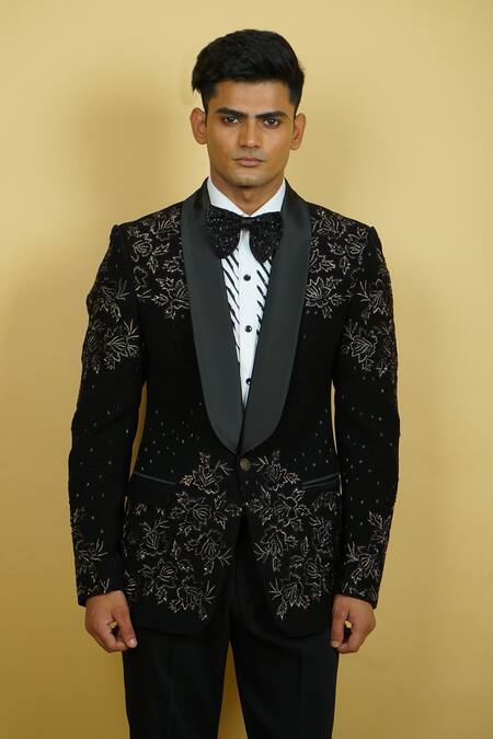 Buy_Zardozi Zari_Black Cotton Beads, Embroidery Rose Motif Tuxedo Set _Online_at_Aza_Fashions