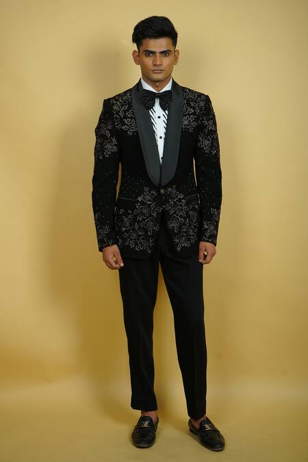 Shop_Zardozi Zari_Black Cotton Beads, Embroidery Rose Motif Tuxedo Set _Online_at_Aza_Fashions