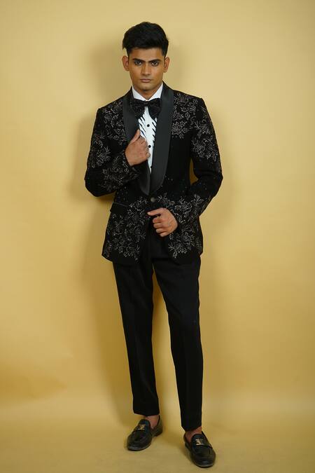Zardozi Zari_Black Cotton Beads, Embroidery Rose Motif Tuxedo Set _at_Aza_Fashions