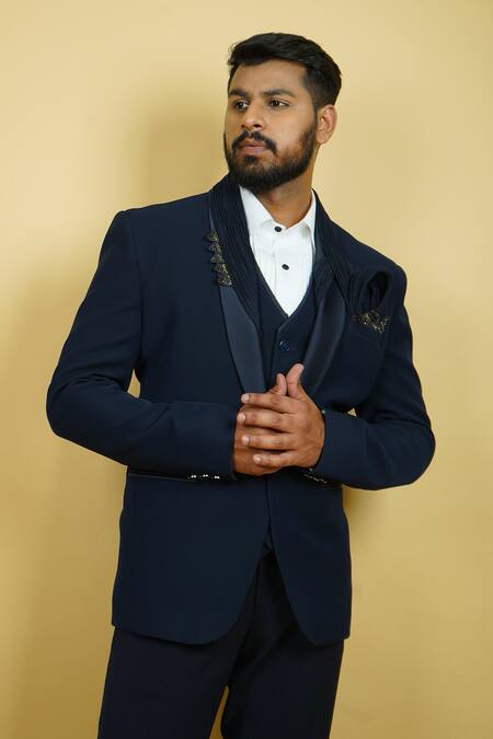 Zardozi Zari_Black Cotton Beads, Embroidery Flora And Fauna Tuxedo Set _Online_at_Aza_Fashions