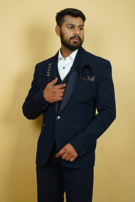 Buy_Zardozi Zari_Black Cotton Beads, Embroidery Flora And Fauna Tuxedo Set _Online_at_Aza_Fashions