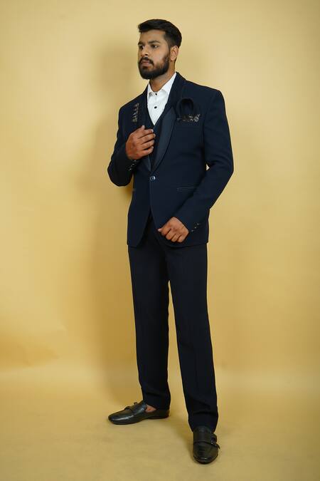 Shop_Zardozi Zari_Black Cotton Beads, Embroidery Flora And Fauna Tuxedo Set _Online_at_Aza_Fashions