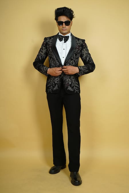 Zardozi Zari Black Japanese Suiting Fabric Embroidered Thread Flowery Pattern Tuxedo Set 