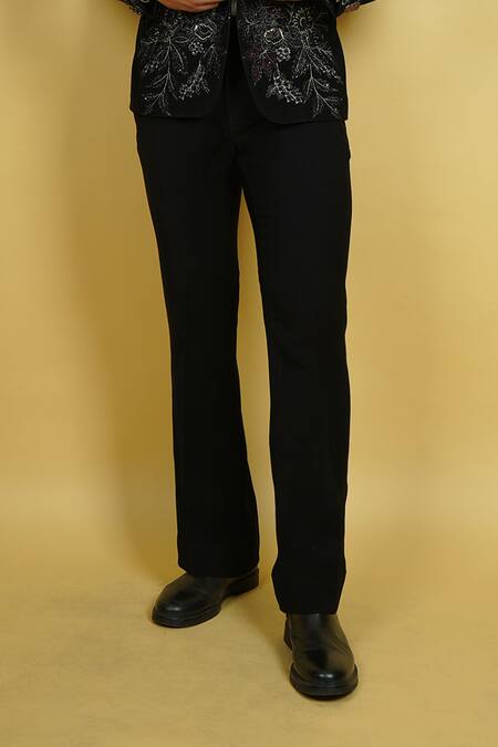 Zardozi Zari_Black Jersey, Cotton Beads, Embroidery Flowery Pattern Tuxedo Set _Online_at_Aza_Fashions