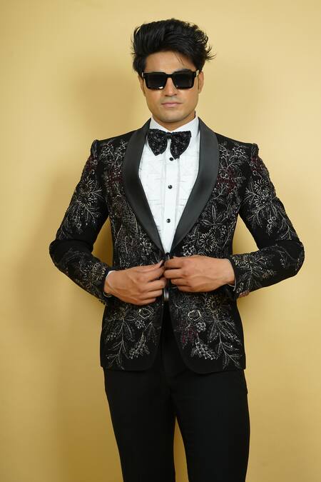 Buy_Zardozi Zari_Black Jersey, Cotton Beads, Embroidery Flowery Pattern Tuxedo Set _Online_at_Aza_Fashions