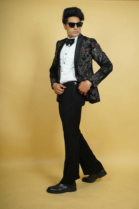 Shop_Zardozi Zari_Black Jersey, Cotton Beads, Embroidery Flowery Pattern Tuxedo Set _Online_at_Aza_Fashions