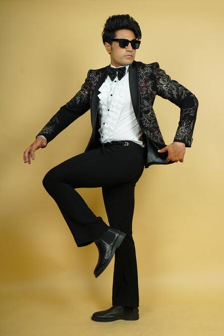 Zardozi Zari_Black Jersey, Cotton Beads, Embroidery Flowery Pattern Tuxedo Set _at_Aza_Fashions