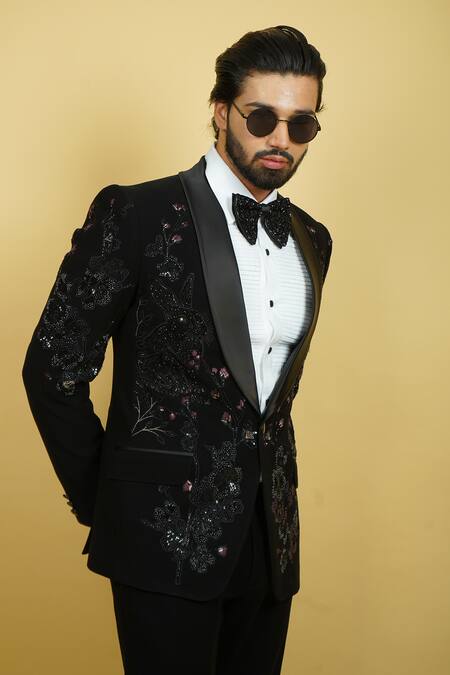Zardozi Zari_Black Cotton, Silk Beads, Embroidery Rabbit Motif Tuxedo Set _Online_at_Aza_Fashions
