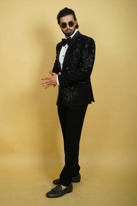 Buy_Zardozi Zari_Black Cotton, Silk Beads, Embroidery Rabbit Motif Tuxedo Set _Online_at_Aza_Fashions
