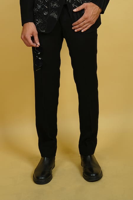 Zardozi Zari_Black Silk, Cotton Beads, Embroidery Panda Motifs Tuxedo Set _Online_at_Aza_Fashions