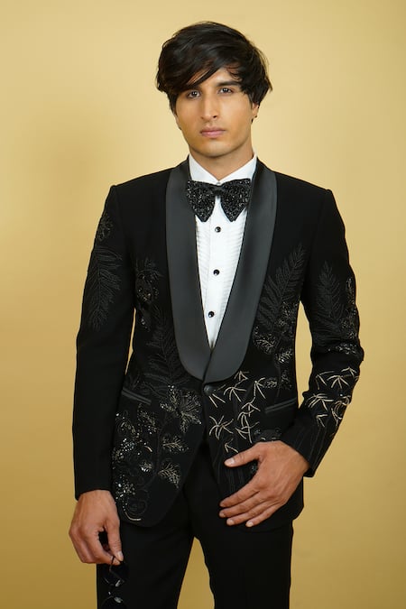 Buy_Zardozi Zari_Black Silk, Cotton Beads, Embroidery Panda Motifs Tuxedo Set _Online_at_Aza_Fashions
