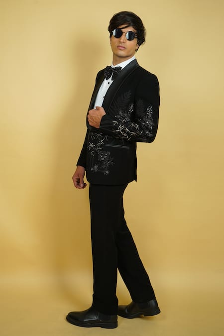 Shop_Zardozi Zari_Black Silk, Cotton Beads, Embroidery Panda Motifs Tuxedo Set _Online_at_Aza_Fashions