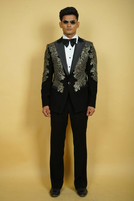 Zardozi Zari_Black Cotton Sequins Embroidered Tuxedo Set _Online_at_Aza_Fashions