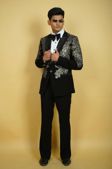 Buy_Zardozi Zari_Black Cotton Sequins Embroidered Tuxedo Set _Online_at_Aza_Fashions