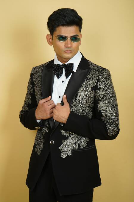 Zardozi Zari_Black Cotton Sequins Embroidered Tuxedo Set _at_Aza_Fashions