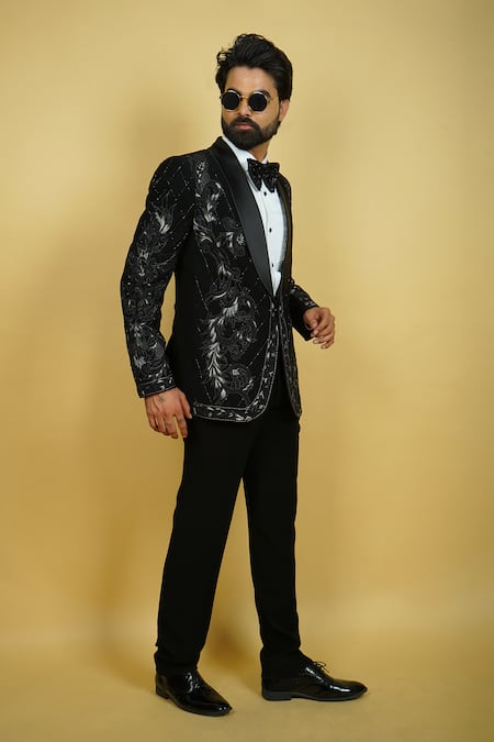 Shop_Zardozi Zari_Black Silk, Cotton Embroidery Flora Pattern Tuxedo Set _Online_at_Aza_Fashions