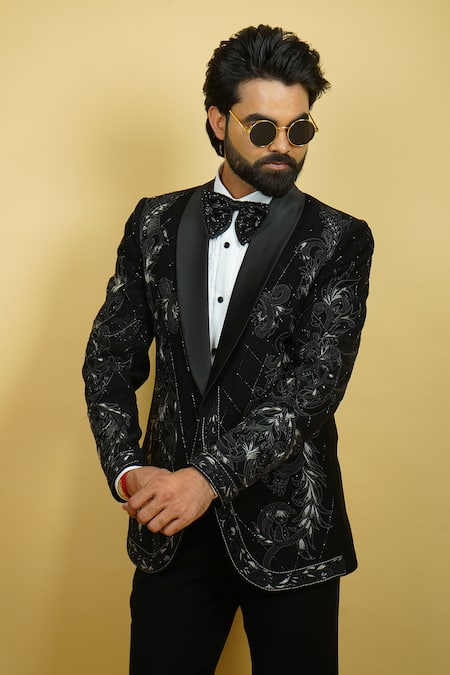 Zardozi Zari_Black Silk, Cotton Embroidery Flora Pattern Tuxedo Set _at_Aza_Fashions