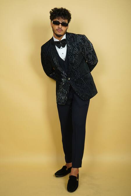 Buy_Zardozi Zari_Black Silk, Cotton Embroidery Geometric Floral Pattern Tuxedo Set _Online_at_Aza_Fashions
