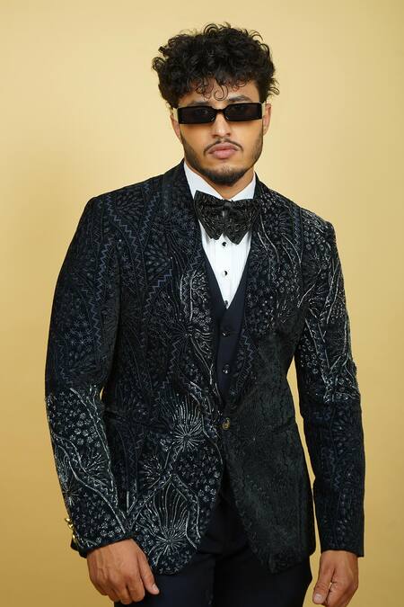 Shop_Zardozi Zari_Black Silk, Cotton Embroidery Geometric Floral Pattern Tuxedo Set _Online_at_Aza_Fashions