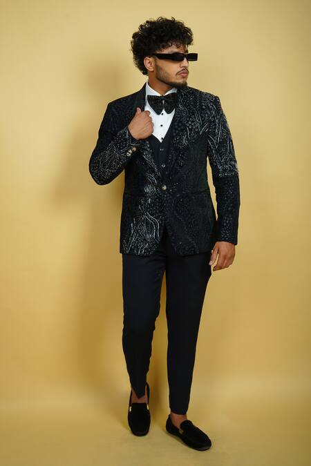 Zardozi Zari_Black Silk, Cotton Embroidery Geometric Floral Pattern Tuxedo Set _at_Aza_Fashions