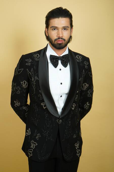 Zardozi Zari_Black Silk, Cotton, Jacquard Beads, Embroidery Tuxedo Set _Online_at_Aza_Fashions