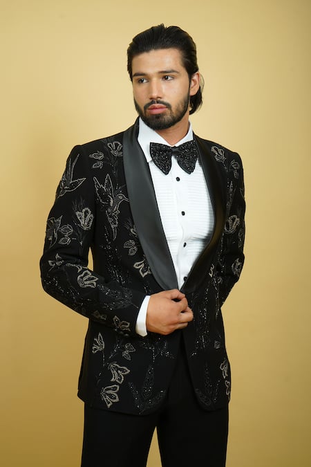 Shop_Zardozi Zari_Black Silk, Cotton, Jacquard Beads, Embroidery Tuxedo Set _Online_at_Aza_Fashions