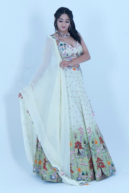 Shop_Zardozi Zari_Green Silk, Organza Zari, Embroidery Sweetheart Ocean Life Ombre Lehenga Set _Online_at_Aza_Fashions