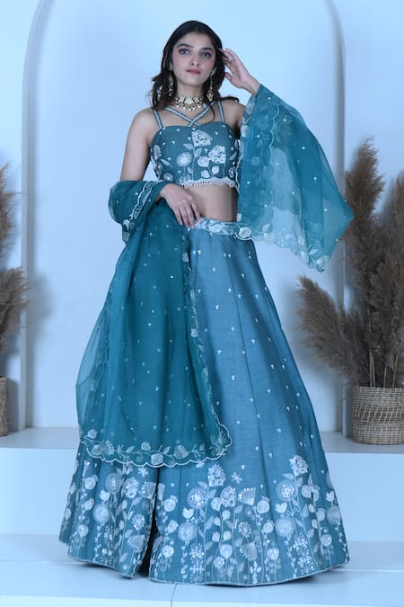 Zardozi Zari Blue Raw Silk Embroidery Zardozi Criss Cross Square Bloom Garden Lehenga Set 