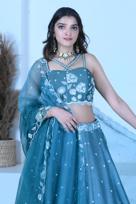 Zardozi Zari_Blue Silk, Organza Embroidery, Zari Crew Neck Bloom Garden Lehenga Set _Online_at_Aza_Fashions