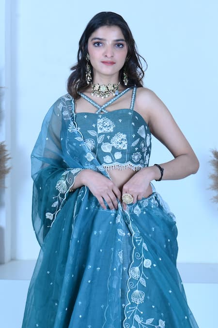 Buy_Zardozi Zari_Blue Silk, Organza Embroidery, Zari Crew Neck Bloom Garden Lehenga Set _Online_at_Aza_Fashions