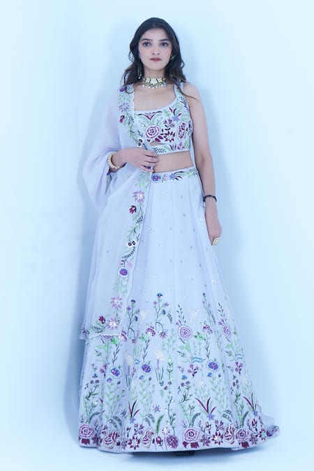 Zardozi Zari Blue Raw Silk Embroidery Zardozi Scoop Neck Gul Lehenga Set 