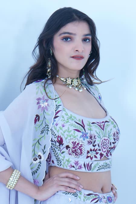 Zardozi Zari_Blue Silk, Organza Zari, Embroidery Scoop Neck Gul Zardozi Lehenga Set _Online_at_Aza_Fashions