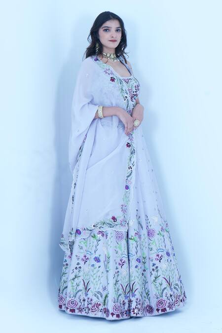 Buy_Zardozi Zari_Blue Silk, Organza Zari, Embroidery Scoop Neck Gul Zardozi Lehenga Set _Online_at_Aza_Fashions