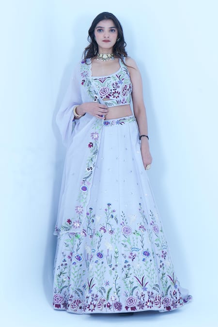 Shop_Zardozi Zari_Blue Silk, Organza Zari, Embroidery Scoop Neck Gul Zardozi Lehenga Set _Online_at_Aza_Fashions