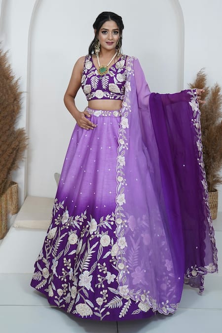 Zardozi Zari Peony Bloom Zardozi Embroidered Ombre Lehenga Set 