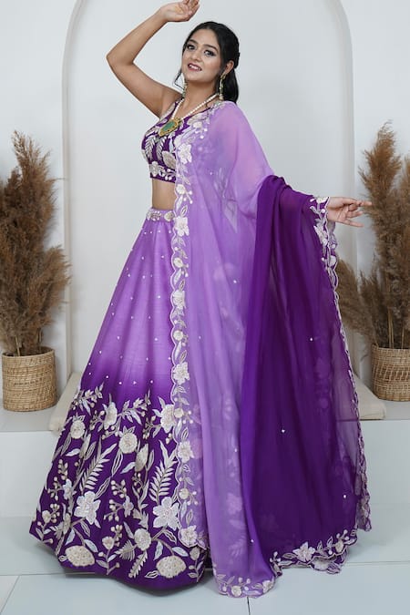 Zardozi Zari Purple Silk, Organza Zari, Embroidery Peony Bloom Zardozi Ombre Lehenga Set Online at Aza Fashions Zardozi Zari_Purple Silk, Organza Zari, Embroidery Peony Bloom Zardozi Ombre Lehenga Set _Online_at_Aza_Fashions