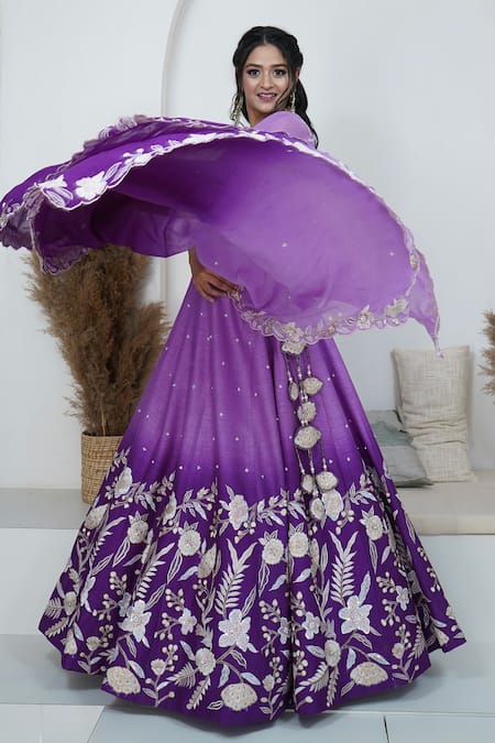 Buy Zardozi Zari Purple Silk, Organza Zari, Embroidery Peony Bloom Zardozi Ombre Lehenga Set Online at Aza Fashions Buy_Zardozi Zari_Purple Silk, Organza Zari, Embroidery Peony Bloom Zardozi Ombre Lehenga Set _Online_at_Aza_Fashions