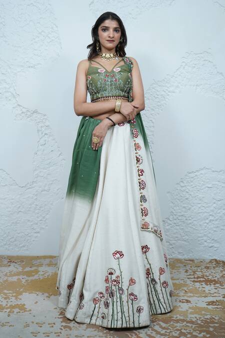 Shop_Zardozi Zari_Green Silk, Organza Embroidery, Zari Sweetheart Tulip Bloom Zardozi Lehenga Set _Online_at_Aza_Fashions