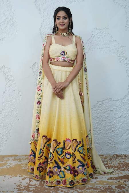 Zardozi Zari_Yellow Silk, Organza Embroidery, Zari Carnival Fleur Zardozi Ombre Lehenga Set _Online_at_Aza_Fashions