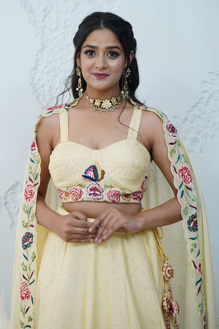 Buy_Zardozi Zari_Yellow Silk, Organza Embroidery, Zari Carnival Fleur Zardozi Ombre Lehenga Set _Online_at_Aza_Fashions