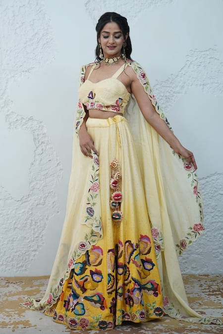 Zardozi Zari_Yellow Silk, Organza Embroidery, Zari Carnival Fleur Zardozi Ombre Lehenga Set _at_Aza_Fashions