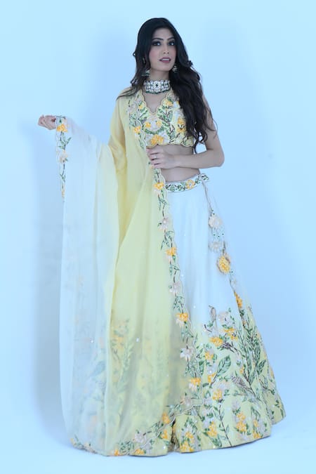 Zardozi Zari_Yellow Silk, Organza Embroidery, Zari Gardenia Fleur Zardozi Ombre Lehenga Set _Online_at_Aza_Fashions