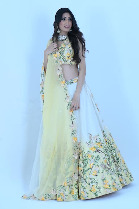 Buy_Zardozi Zari_Yellow Silk, Organza Embroidery, Zari Gardenia Fleur Zardozi Ombre Lehenga Set _Online_at_Aza_Fashions